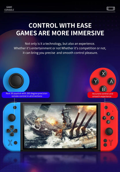  G90 Handheld Game Console – 7-inch 64GB Retro Arcade Gaming Device Gaming console with controllers displaying a ship battle scene on screen.