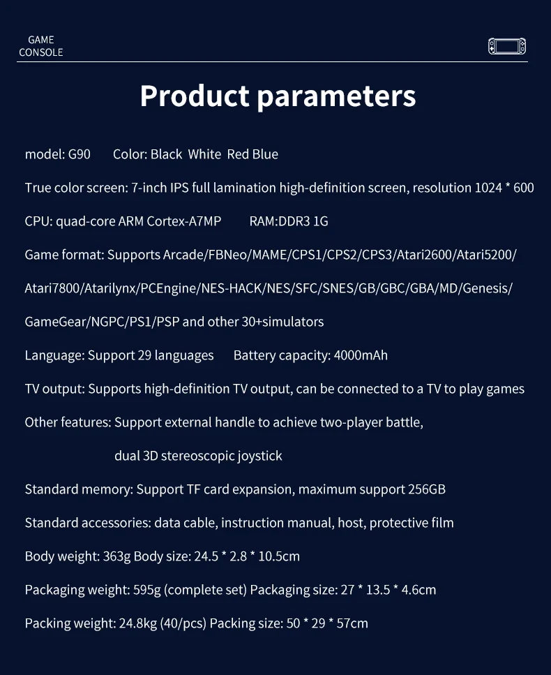 A dark blue specification chart titled 'Product parameters' with white text listing product details such as model, color options, screen size, CPU, game formats, languages, battery capacity, and physical specs.