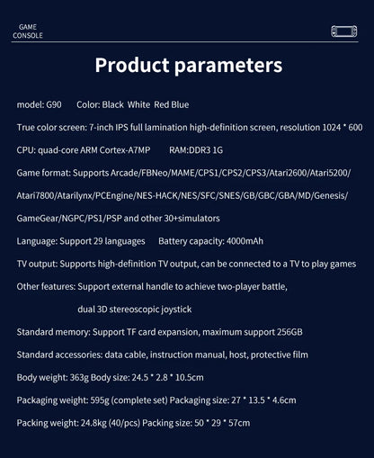 A dark blue specification chart titled 'Product parameters' with white text listing product details such as model, color options, screen size, CPU, game formats, languages, battery capacity, and physical specs.