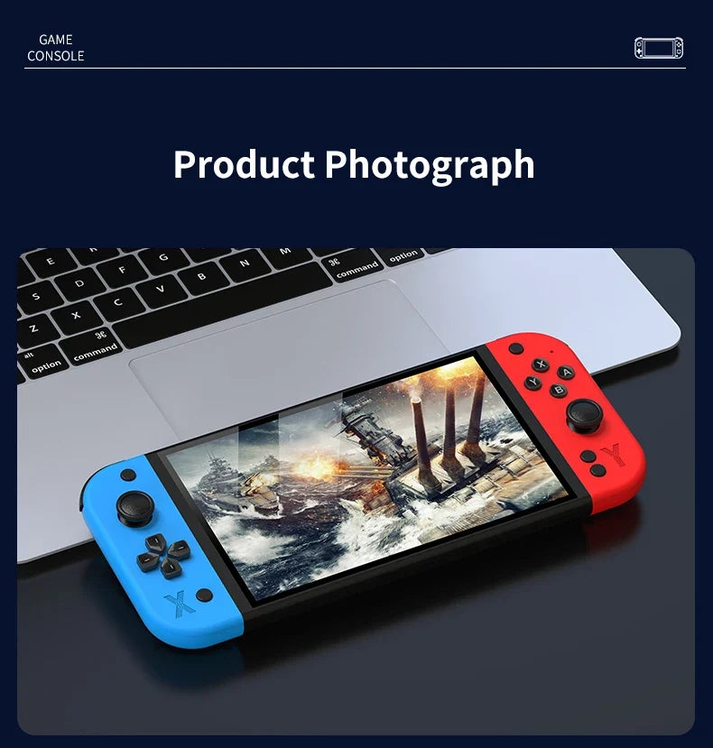 Blue and red gaming console with screen displaying a game, placed on a dark surface.