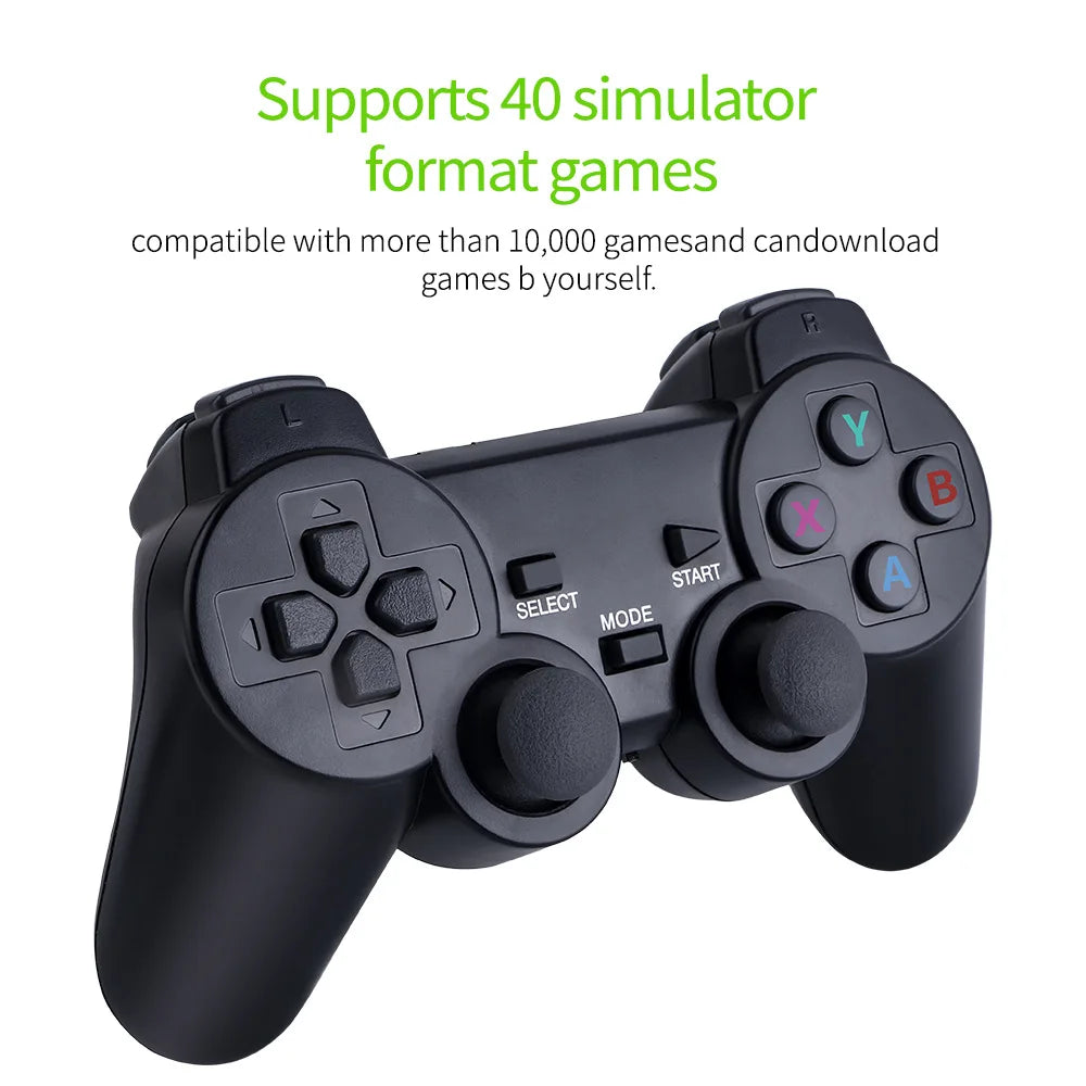 Black gaming controller with text about simulator compatibility on a white background