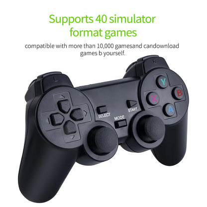 Black gaming controller with text about simulator compatibility on a white background