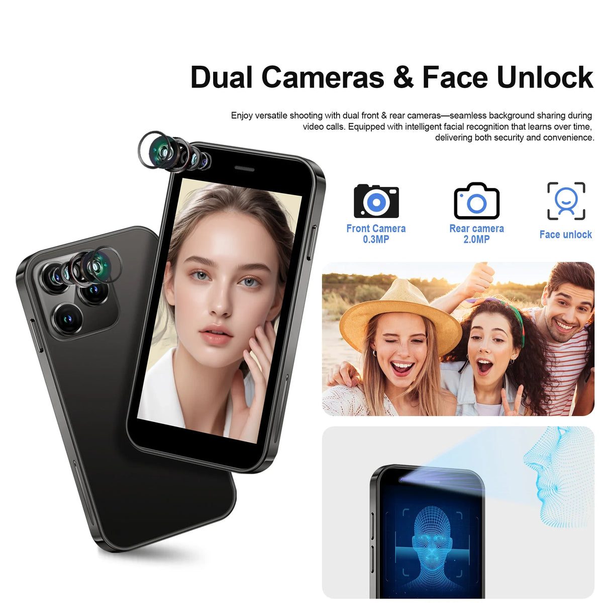 Mini Android Smartphone 3.0-inch (7.6 cm) 2GB RAM 16GB ROM 3G WCDMA Dual SIM Face Unlock WiFi GPS Google Play