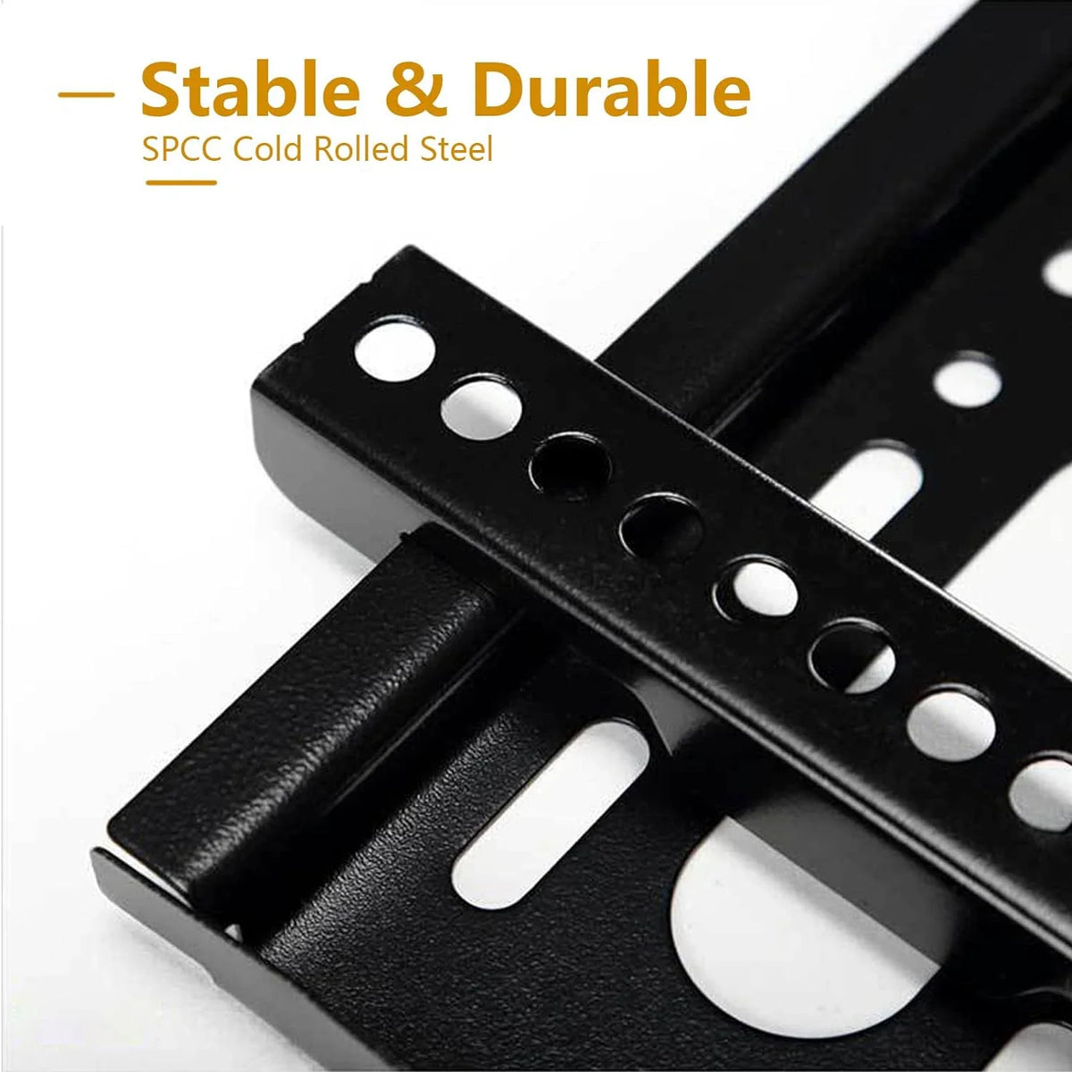 Close-up of a black metal bracket with text highlighting stability and durability.