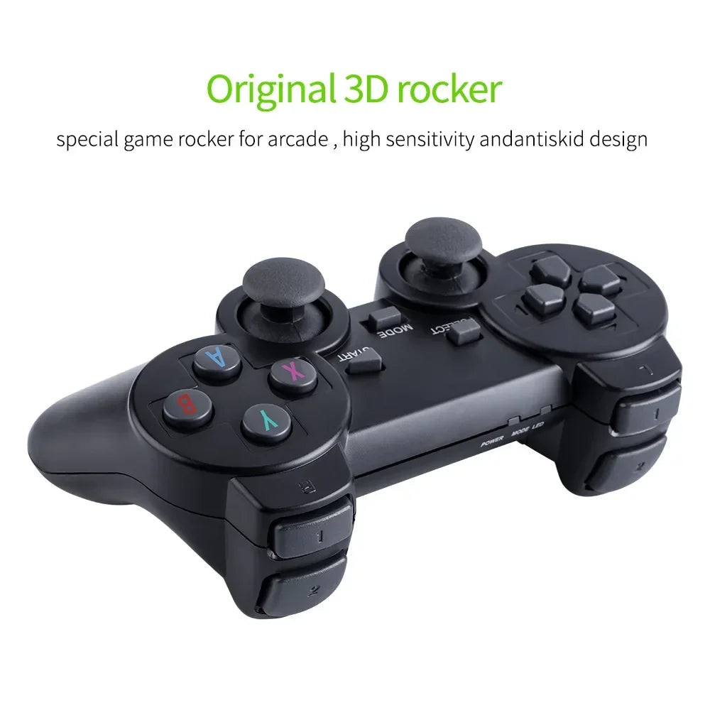 Black game controller with 3D rocker on a white background