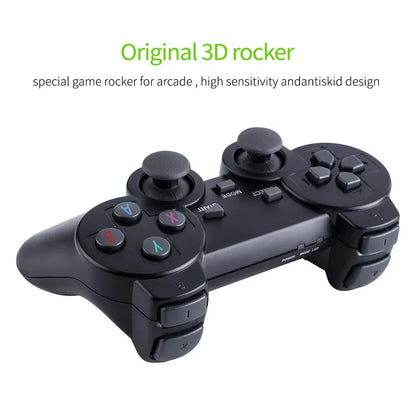 Black game controller with 3D rocker on a white background