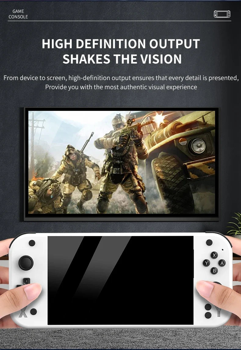 Handheld gaming console with high-definition display showing a military-themed game, with text about high-definition output. G90 Handheld Game Console – 7-inch 64GB Retro Arcade Gaming Device