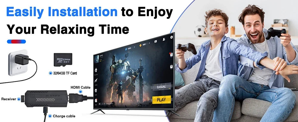 HDMI adapter kit with a 32GB TF card, receiver, HDMI cable, and charge cable, shown next to a TV displaying a game. On the right, a man and a boy are sitting on a couch playing video games with controllers, with text reading 'Easily Installation to Enjoy Your Relaxing Time'.