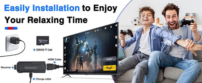 HDMI adapter kit with a 32GB TF card, receiver, HDMI cable, and charge cable, shown next to a TV displaying a game. On the right, a man and a boy are sitting on a couch playing video games with controllers, with text reading 'Easily Installation to Enjoy Your Relaxing Time'.
