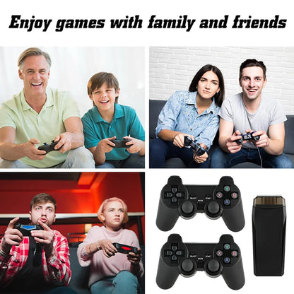 A collage promoting game controllers and a charging case, with four lifestyle photos of people holding black game controllers and a charging dock, plus two larger product views of the controllers and charging case on a white background.