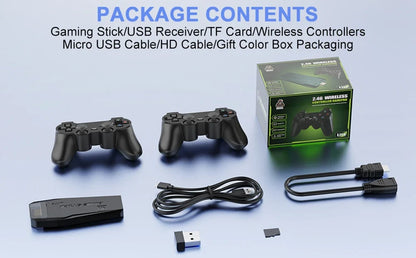 Gaming stick wireless controller package contents laid out on a light blue background, including two black game controllers, a green and black retail box, cables, a USB receiver, a charging block, and a small memory card. Text at the top reads 'PACKAGE CONTENTS'.