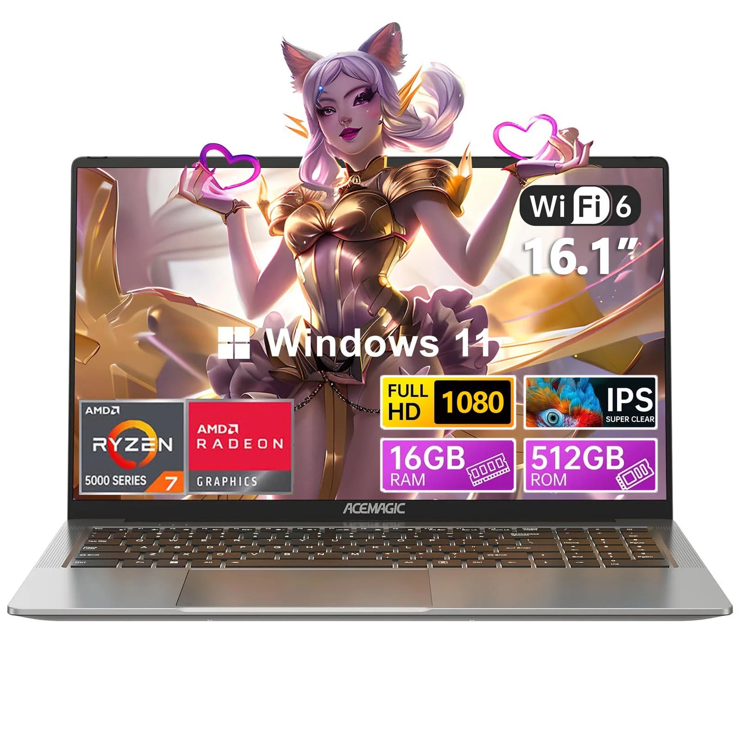 16.1-inch (41 cm) Full HD 1920x1080 Gaming Laptop — 8-Core Mobile CPU, 16GB DDR4 RAM, 512GB NVMe SSD, Backlit Keyboard, Wi‑Fi 6