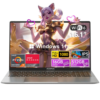 16.1-inch (41 cm) Full HD 1920x1080 Gaming Laptop — 8-Core Mobile CPU, 16GB DDR4 RAM, 512GB NVMe SSD, Backlit Keyboard, Wi‑Fi 6
