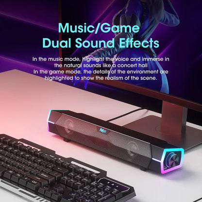 Bluetooth 5.3 USB Soundbar Computer Speakers for Laptop & PC — Stereo Surround, Subwoofer, RGB Lights, Built-In Microphone