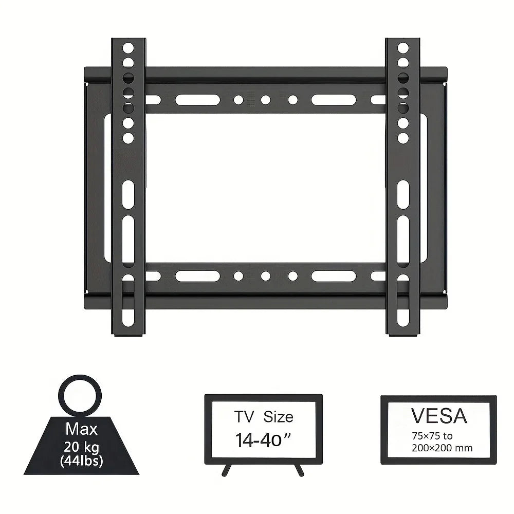 Black TV wall mount with specifications on a white background