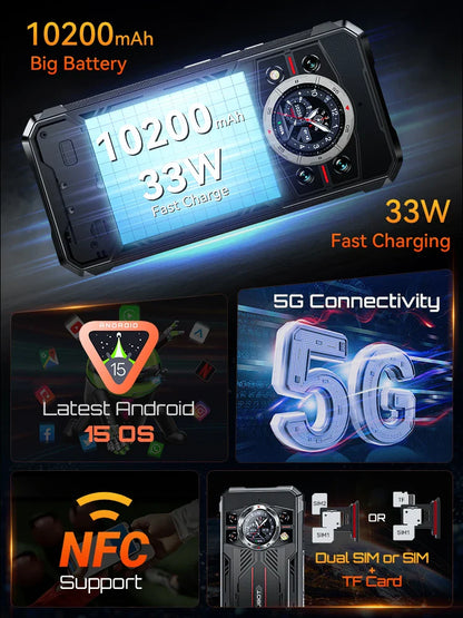 Rugged 5G Smartphone – 10200mAh Battery, Dimensity 7025 2.5GHz, 32GB RAM (16+16 Ext), 256GB Storage, 108MP Triple Camera, 6.72-inch FHD+ 120Hz, IP68/IP69K
