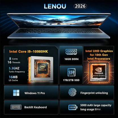 LENOU 15.6 Inch FHD Ultra Slim Laptop, Intel Core I9-10980, 32GB RAM, 2TB NVMe SSD Windows 11 Portable Notebook for Gaming, Home