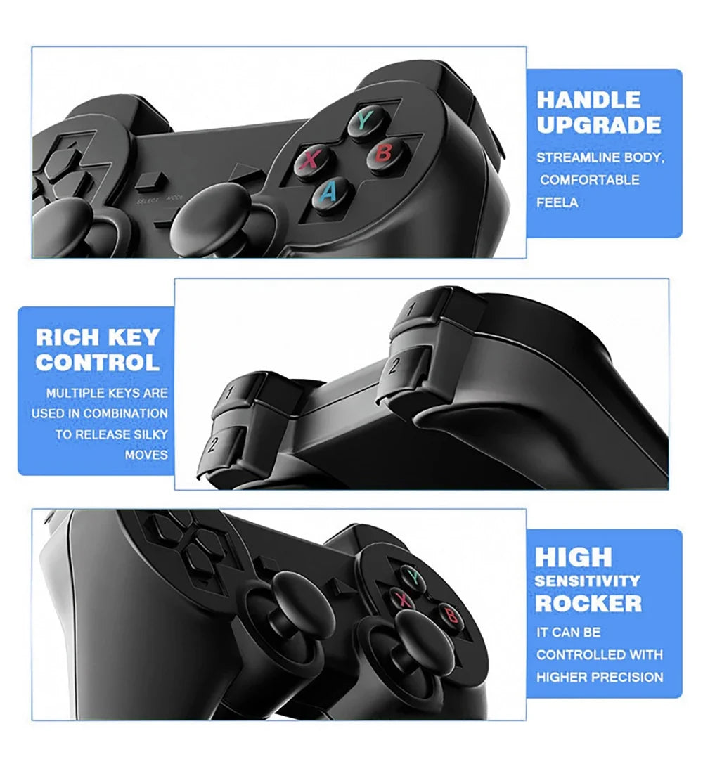 Gaming controller with features highlighted on a white background