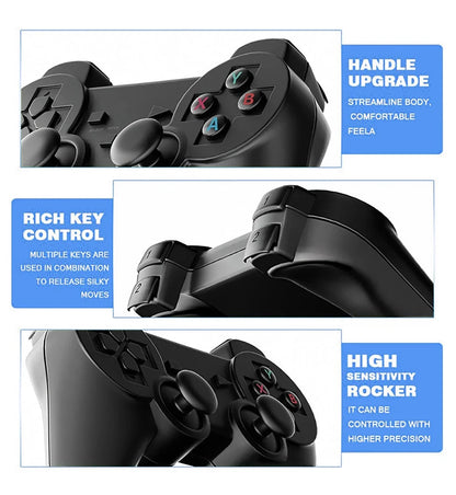 Gaming controller with features highlighted on a white background