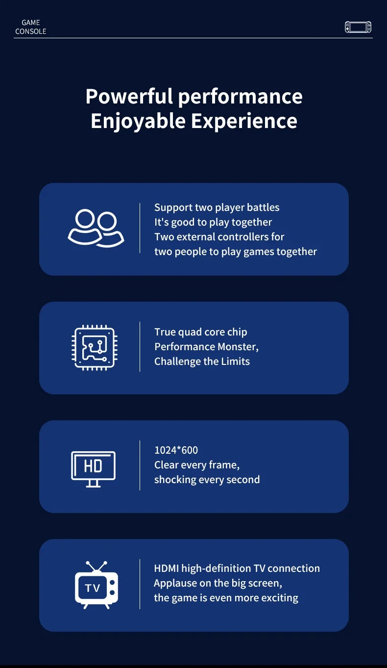  G90 Handheld Game Console – 7-inch 64GB Retro Arcade Gaming Device Game console feature screen with text and icons on a dark blue background