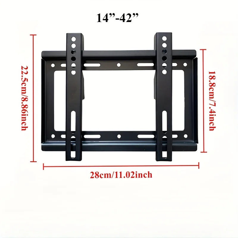 Black TV wall mount with dimensions labeled on a white background