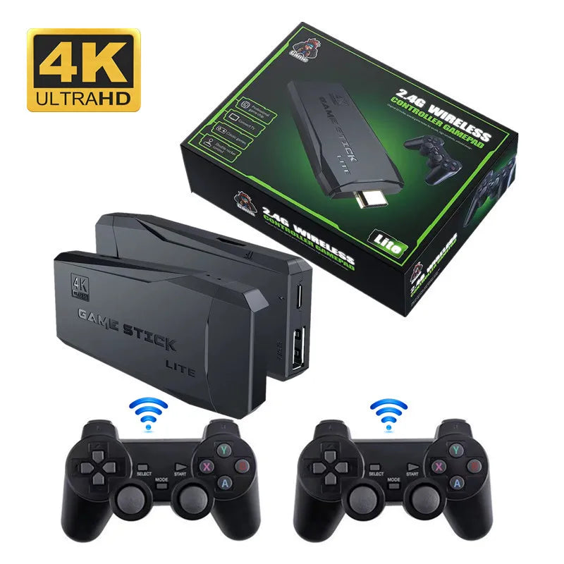 Game Stick LITE with wireless controllers and packaging on a white background