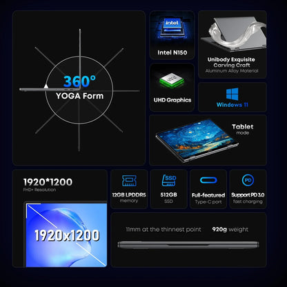 10.5-inch (26.7 cm) 2-in-1 Laptop Tablet – Intel Celeron N-Series, 12GB/16GB LPDDR5, 512GB SSD, 1920×1200 IPS, Windows 11