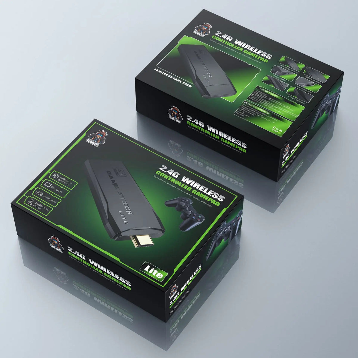 Two boxes of a 2.4G wireless console adapter on a light gray background
