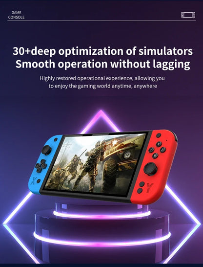 Gaming console with a screen displaying a game, on a dark background with text about simulator optimization.