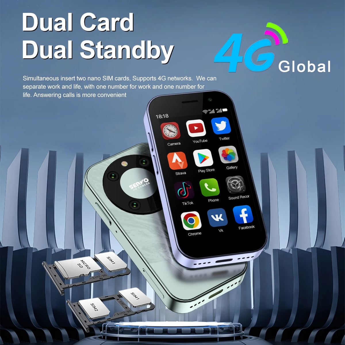 Mini 3.0" (7.6 cm) Android 10 Smartphone, 4G LTE, 2GB RAM / 16GB ROM, 2000mAh, Dual SIM, Face Unlock, USB-C