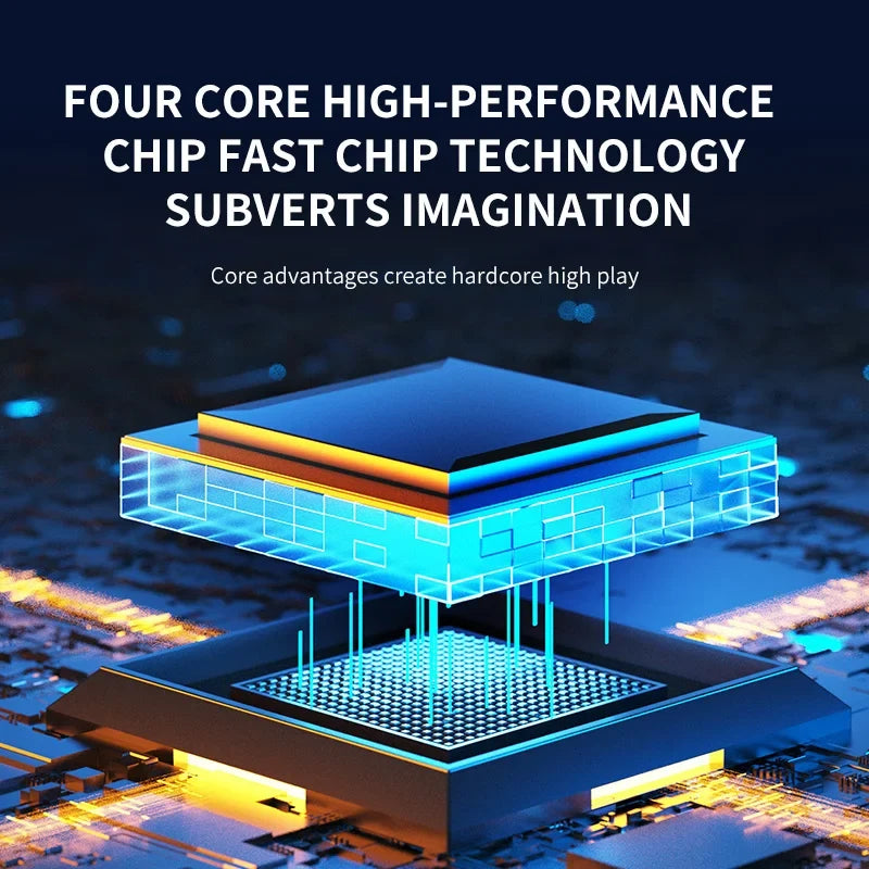 High-performance chip with text highlighting its features on a dark background G90 Handheld Game Console – 7-inch 64GB Retro Arcade Gaming Device