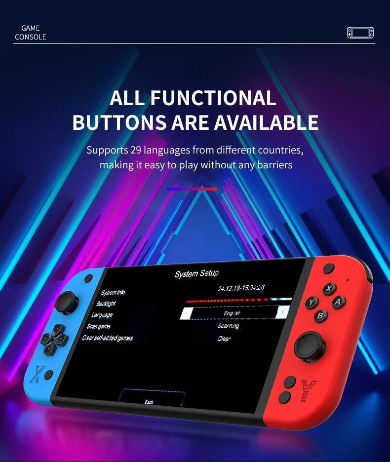 A handheld game console with a black screen and bright blue and red Joy-Con-style controllers, shown against a neon blue and purple graphic background with promotional text about functional buttons and supported languages.