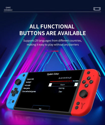 A handheld game console with a black screen and bright blue and red Joy-Con-style controllers, shown against a neon blue and purple graphic background with promotional text about functional buttons and supported languages.