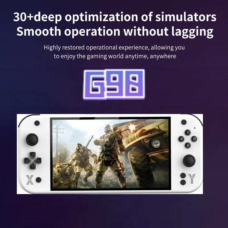Gaming console with a military-themed game on screen, featuring text about simulator optimization. G90 Handheld Game Console – 7-inch 64GB Retro Arcade Gaming Device