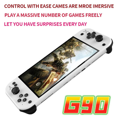 White gaming console with screen displaying a game, text about immersive gaming experiences, and 'G90' branding. G90 Handheld Game Console – 7-inch 64GB Retro Arcade Gaming Device