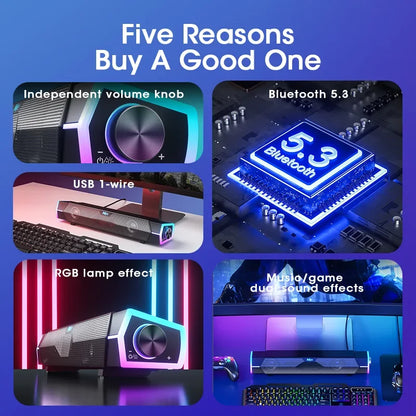 Bluetooth 5.3 USB Soundbar Computer Speakers for Laptop & PC — Stereo Surround, Subwoofer, RGB Lights, Built-In Microphone