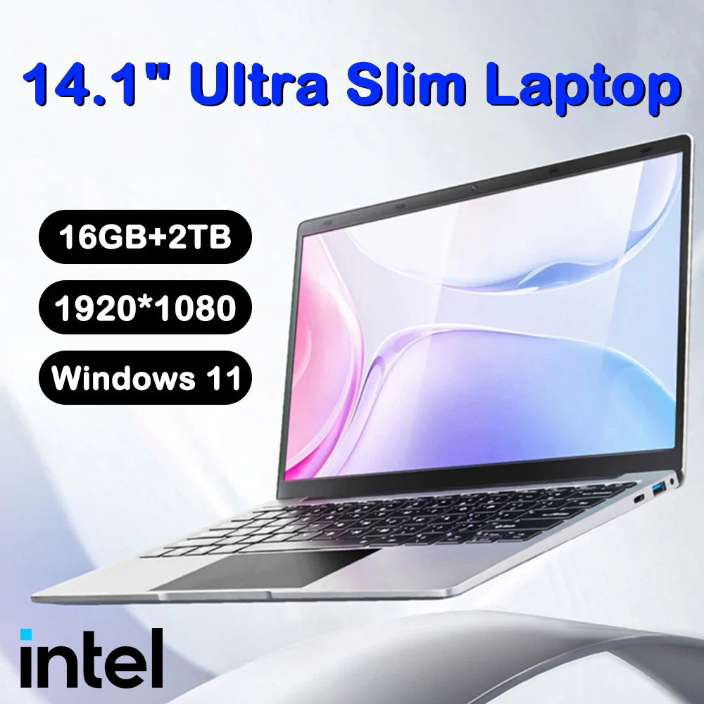 14.1-inch (350 mm) Ultra Slim Laptop — Intel Pentium N3700, 16GB RAM, 2TB M.2 SSD, FHD 1920x1080 IPS, Windows 11 Pro