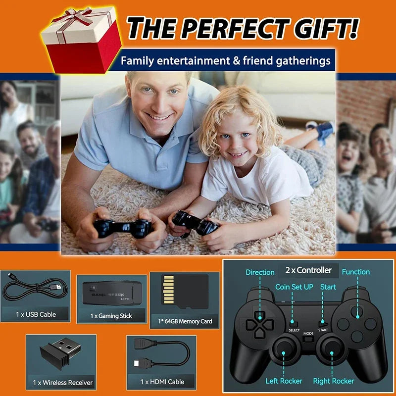 Family playing video games with gaming controllers and accessories on an orange background.