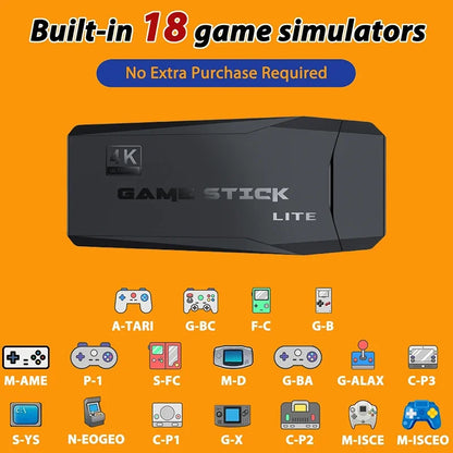 Game Stick Lite console with built-in game simulators on an orange background