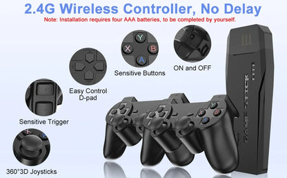 A 2.4G wireless game controller set with a black receiver and two black joysticks on a light blue background.