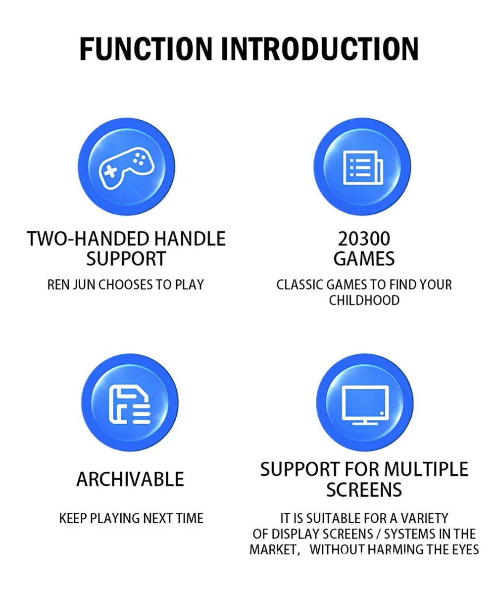 A white infographic titled 'FUNCTION INTRODUCTION' with four blue circular icons and black text describing features: two-handed handle support, 20300 games, archivability, and support for multiple screens.