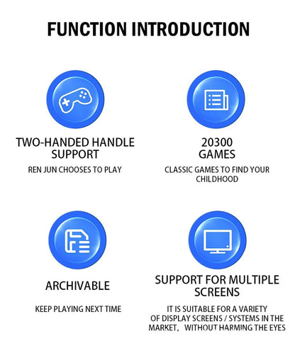 A white infographic titled 'FUNCTION INTRODUCTION' with four blue circular icons and black text describing features: two-handed handle support, 20300 games, archivability, and support for multiple screens.