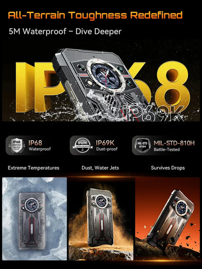 Rugged 5G Smartphone – 10200mAh Battery, Dimensity 7025 2.5GHz, 32GB RAM (16+16 Ext), 256GB Storage, 108MP Triple Camera, 6.72-inch FHD+ 120Hz, IP68/IP69K