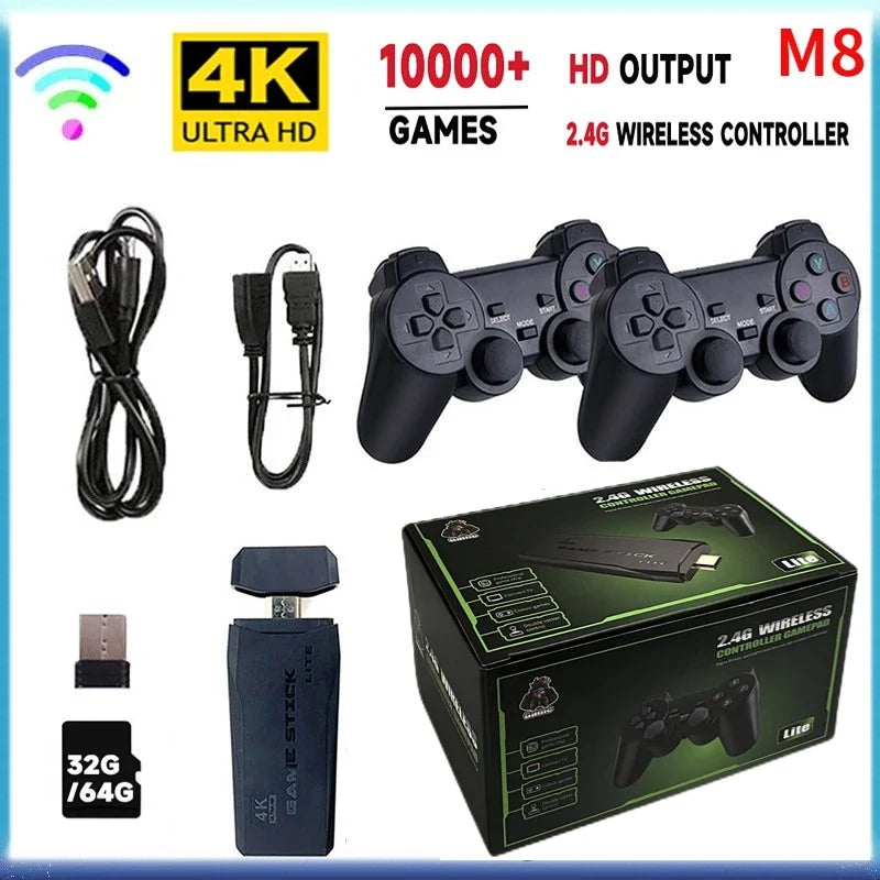 Gaming console with controllers, cables, and accessories on a blue background
