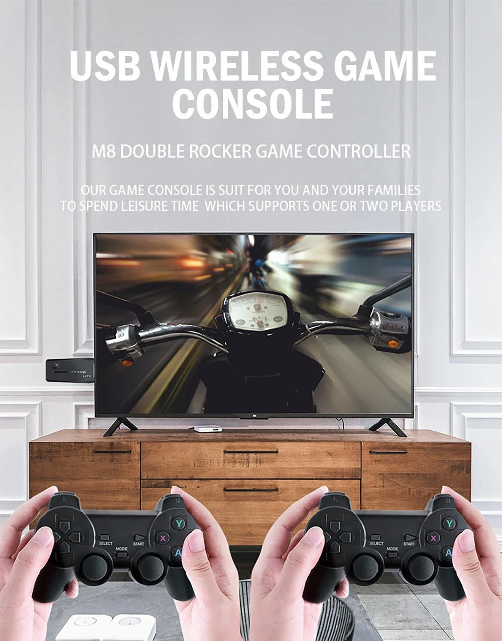 Two hands holding game controllers in front of a television displaying a racing game, with text about a USB wireless game console.