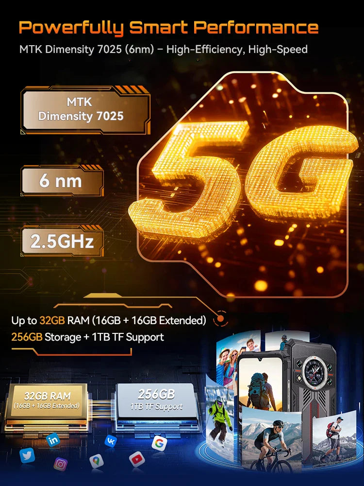 Rugged 5G Smartphone – 10200mAh Battery, Dimensity 7025 2.5GHz, 32GB RAM (16+16 Ext), 256GB Storage, 108MP Triple Camera, 6.72-inch FHD+ 120Hz, IP68/IP69K