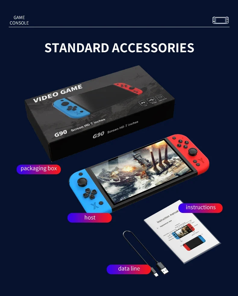 Gaming console with packaging box, host, data line, and instructions on a dark blue background.