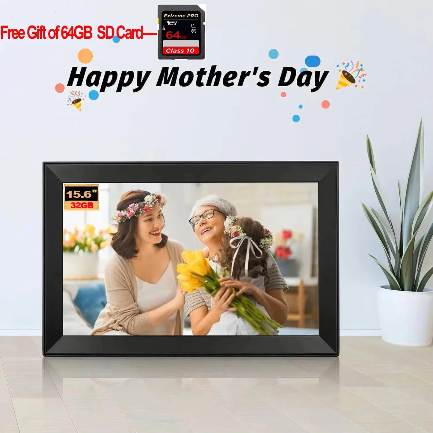 15.6-Inch (39.6 cm) 1080P WiFi Touch IPS Digital Photo Frame – 32GB or 32GB+64GB, SD/USB, Frameo Support