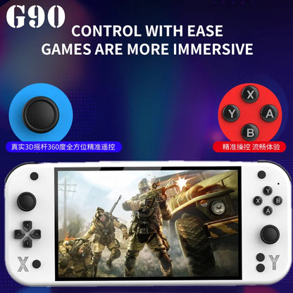 Gaming controller with joystick and buttons, displaying a game on the screen with text about control and immersion. G90 Handheld Game Console – 7-inch 64GB Retro Arcade Gaming Device