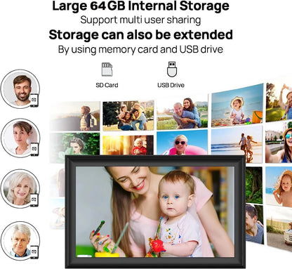 15.6-Inch (39.6 cm) 1080P WiFi Touch IPS Digital Photo Frame – 32GB or 32GB+64GB, SD/USB, Frameo Support